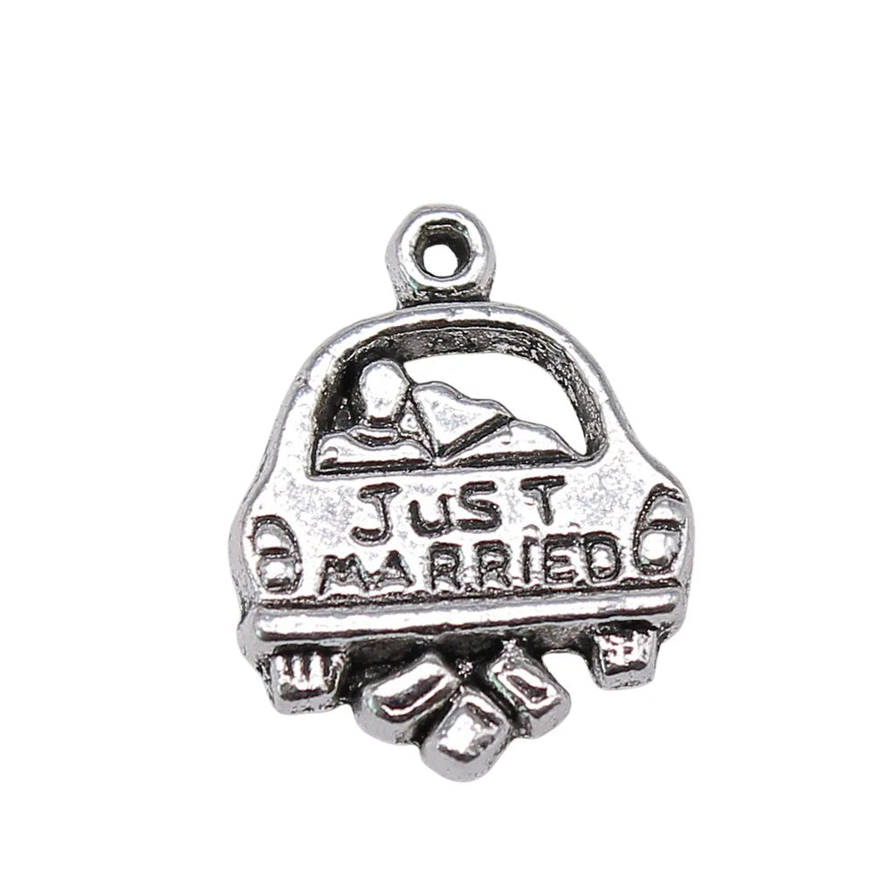 20x15mm 2g Antique Silver Zinc Alloy Just Married Car Charm Pendant for DIY Wedding Jewelry
