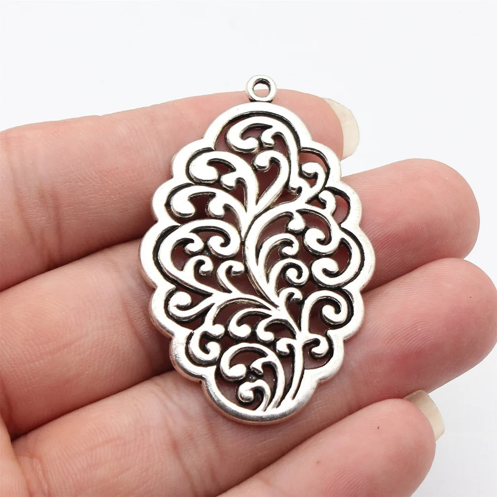54x35mm 9g Antique Silver Zinc Alloy Hollow Filigree Flower Charm Pendant for DIY Necklace Making