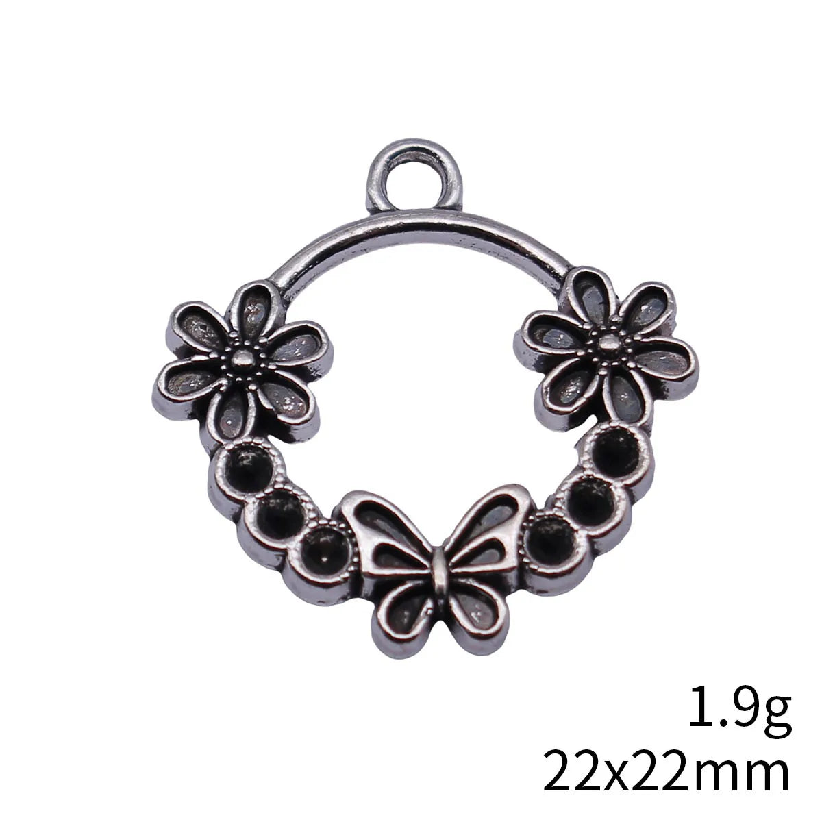 22x22mm 1.9g Antique Silver Zinc Alloy Flower Butterfly Round Ring Charm Pendant for DIY Earrings