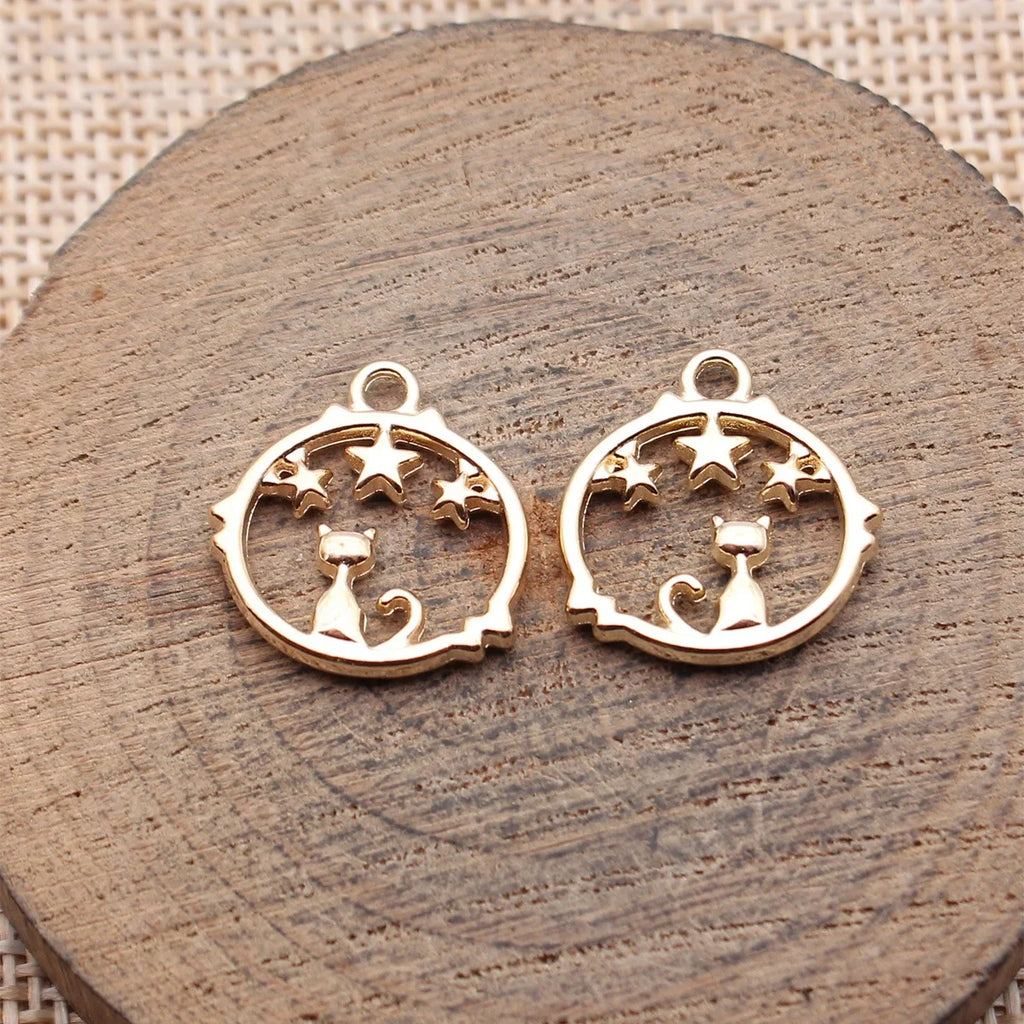 18x17mm 1.3g Multicolor Zinc Alloy Hollow Cat Star Round Ring Charm Pendant for DIY Necklace Jewelry