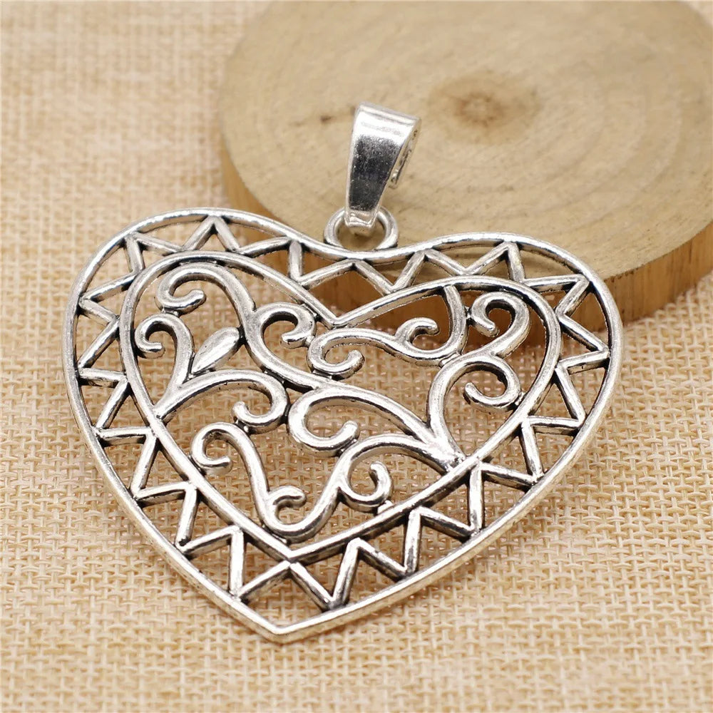 72x65mm 18.8g Antique Silver Zinc Alloy Carved Heart Charm Pendant for DIY Necklace Jewelry Making