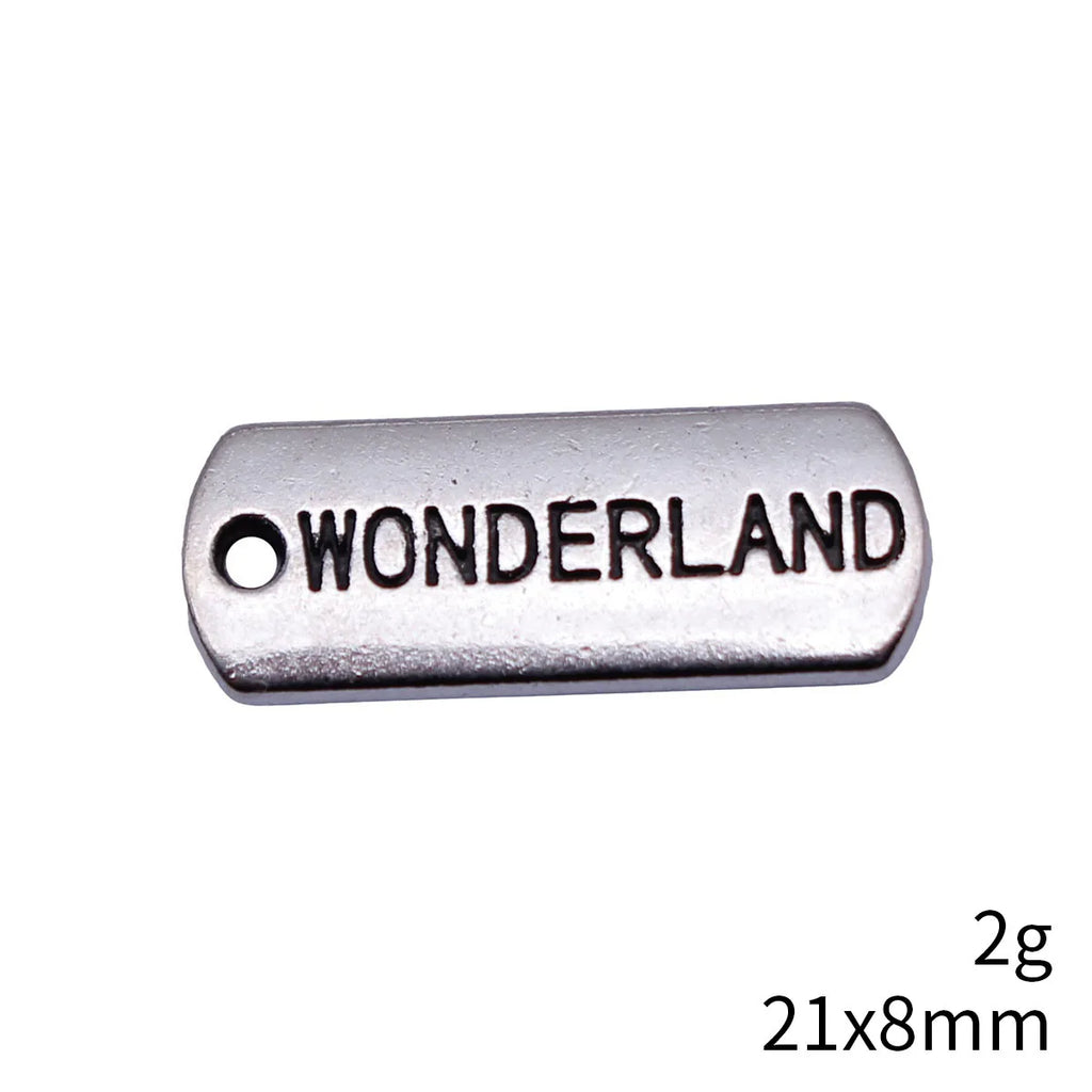 21x8mm 2g Antique Silver Zinc Alloy WONDERLAND Tag Charm Pendant for DIY Necklace Jewelry Making