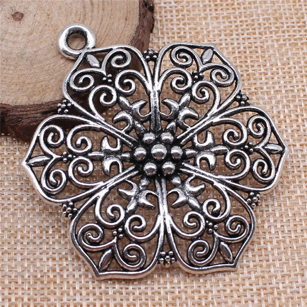 66x52mm 15.4g Antique Silver Zinc Alloy Openwork Flower Hollow Charm Pendant for DIY Necklace Earring Jewelry