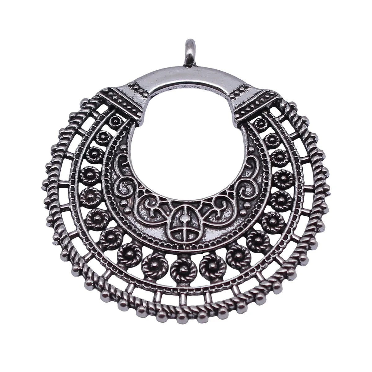 39x37mm 4.2g Antique Silver Tone Zinc Alloy Filigree Half Moon Hollow Charm Pendant for DIY Earrings Necklace