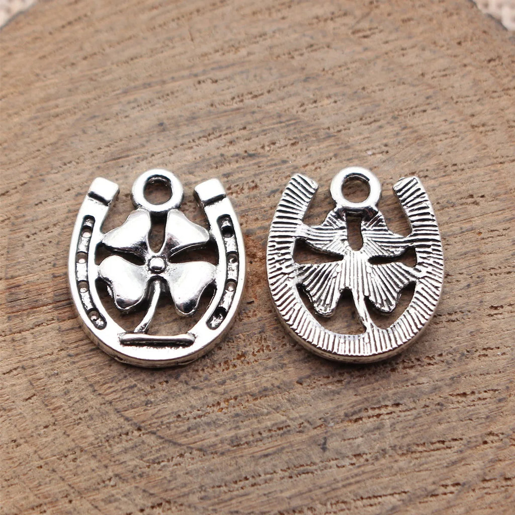 17x15mm 1.5g Antique Silver Tone Zinc Alloy Four Leaf Clover Horseshoe Charm Pendant for DIY Jewelry