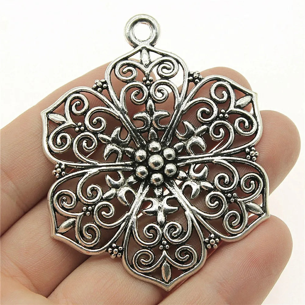 66x52mm 15.4g Antique Silver Zinc Alloy Openwork Flower Hollow Charm Pendant for DIY Necklace Earring Jewelry
