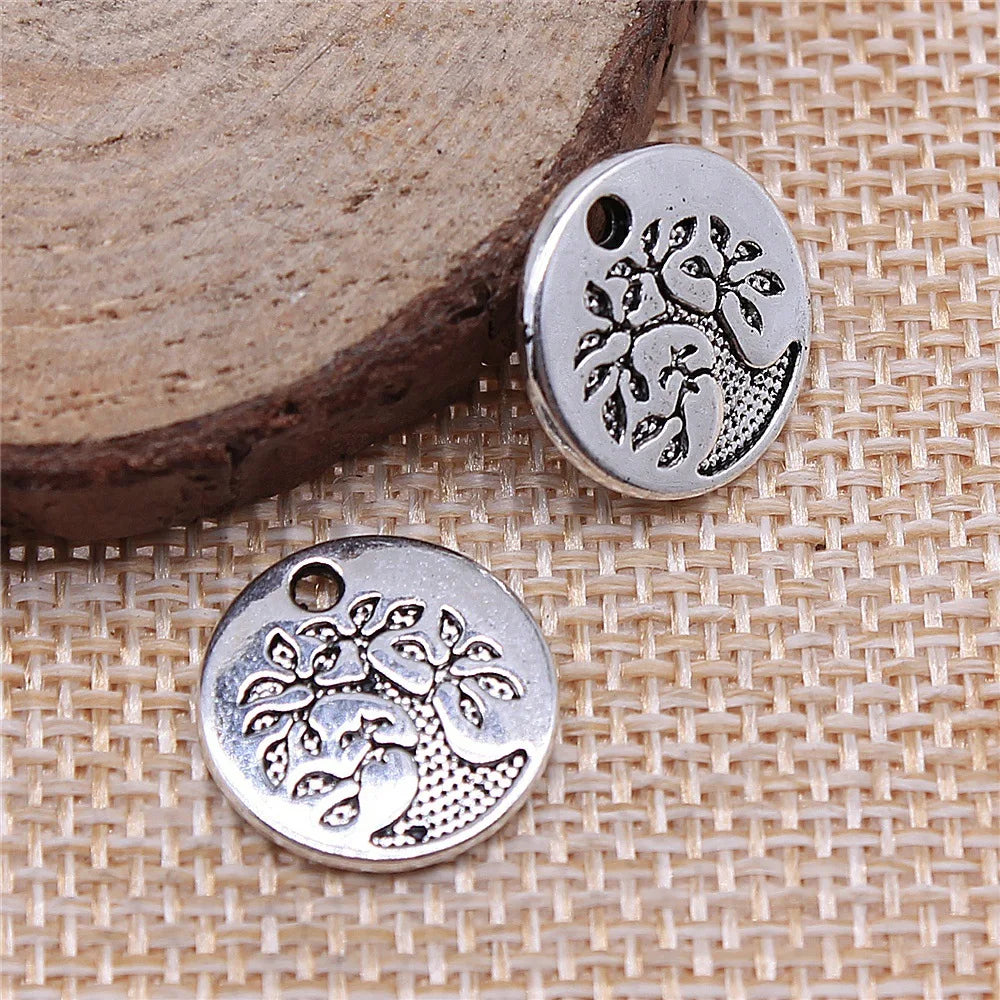 15x15mm 1.6g Antique Silver Zinc Alloy Round Tree Pattern Charm Pendant for DIY Necklace Bracelet Making