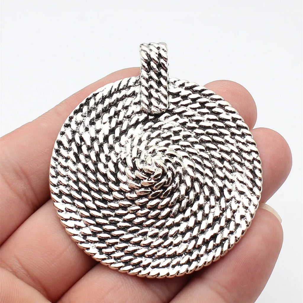 64x56mm 28.6g Antique Silver Zinc Alloy Swirl Texture Round Disc Charm Pendant for DIY Necklace Making