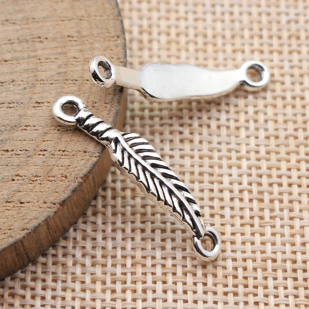 30x5.8mm 1.2g Antique Silver Zinc Alloy Feather Connector Charm for DIY Necklace Bracelet Making