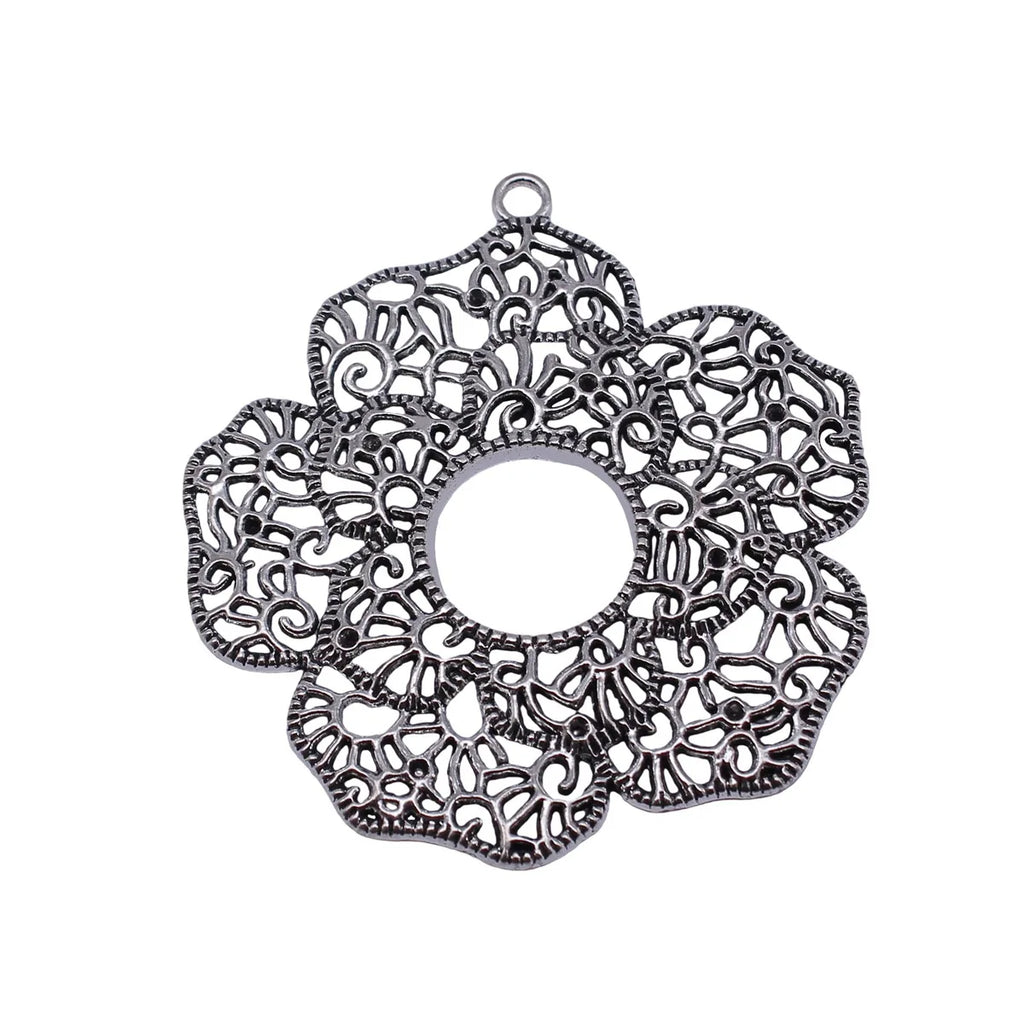 67x60mm 12g Antique Silver Zinc Alloy Hollow Flower Filigree Charm Pendant for DIY Jewelry Making