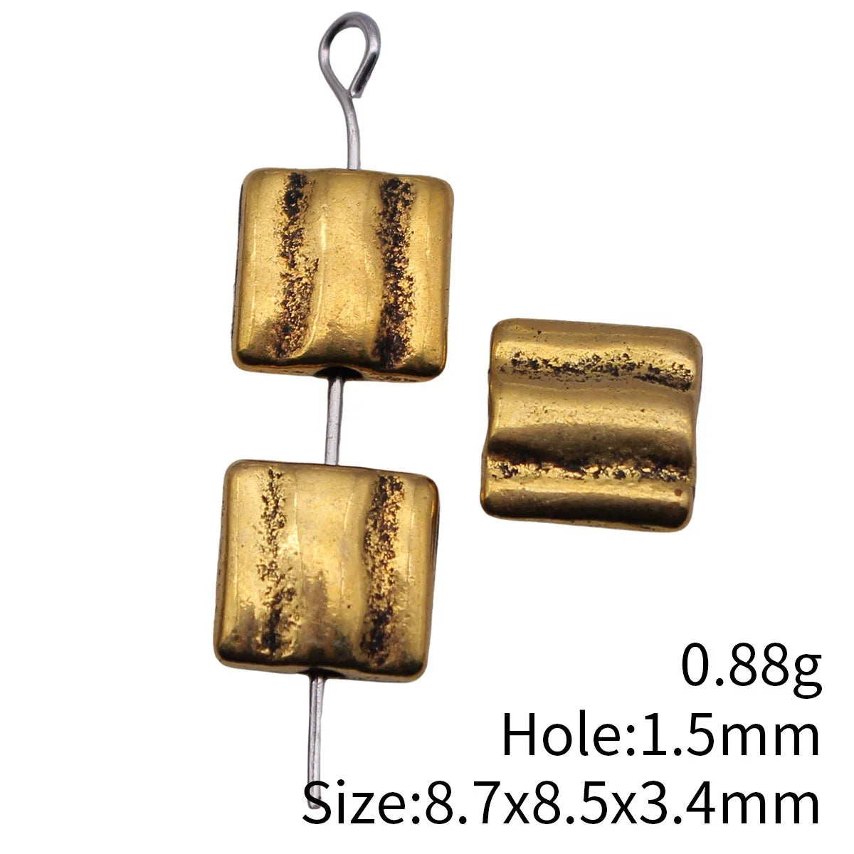 8.7x8.5x3.4mm 0.88g Antique Gold Tone Zinc Alloy Striped Square Flat Spacer Beads for DIY Bracelet Making