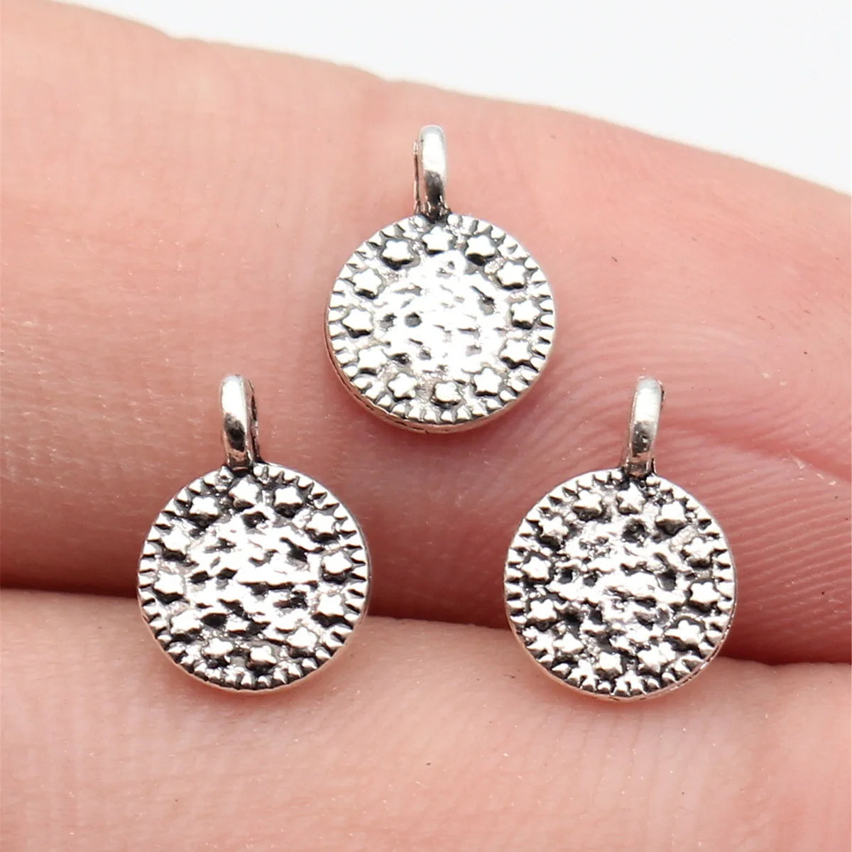 9.9x7.1mm 0.23g Antique Silver Zinc Alloy Dotted Small Round Disc Charm Pendant for DIY Jewelry
