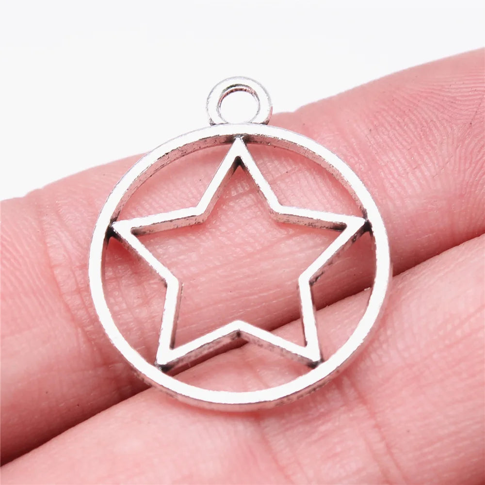 28x24mm 1.9g Antique Silver Zinc Alloy Round Five Point Star Charm Pendant for DIY Jewelry Making