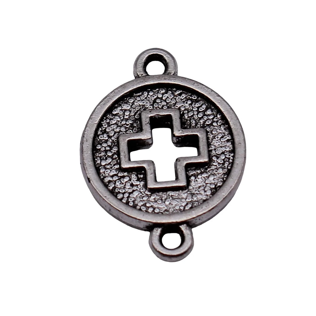 18x13mm 1.3g Antique Silver Zinc Alloy Cross Round Disc Hollow Double Sided Connector Charm for DIY Bracelet Making