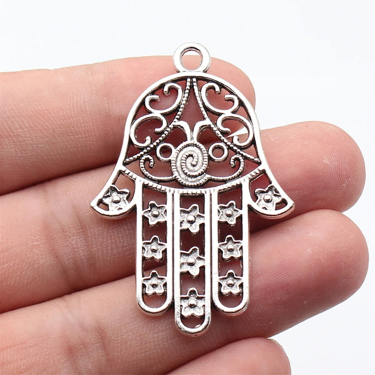 52x35mm 7.6g Antique Silver Zinc Alloy Hollow Flower Fatima Hand Lucky Palm Charm Pendant for DIY Necklace