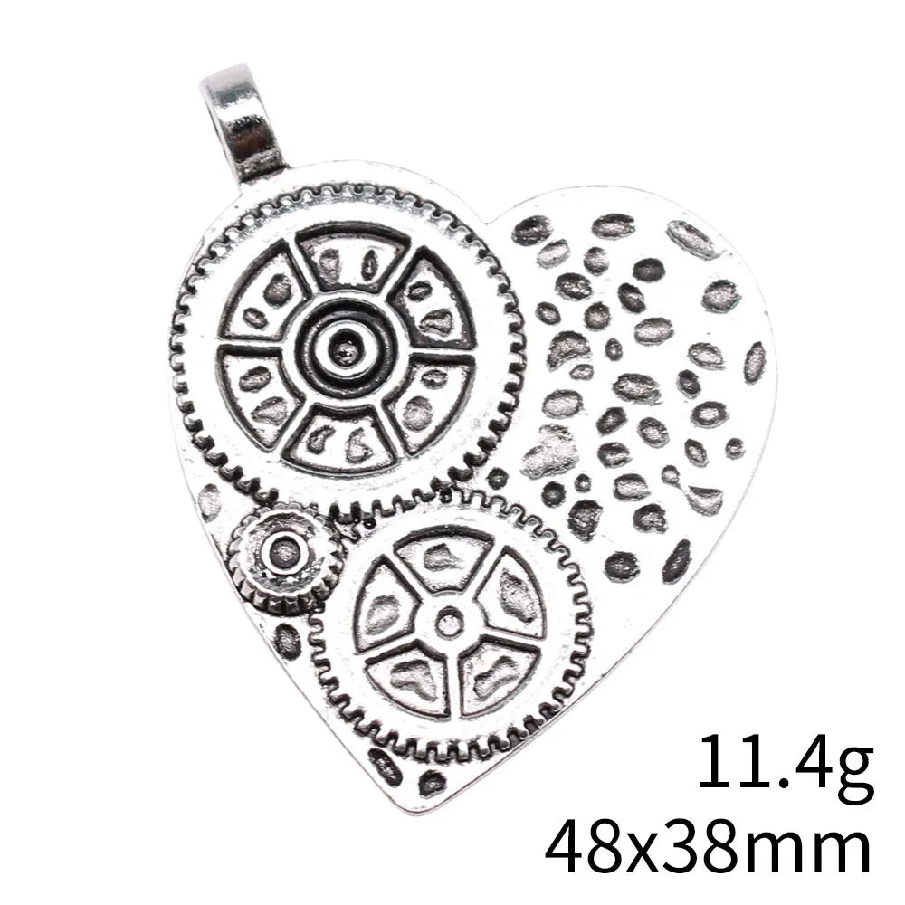 48x38mm 11.4g Antique Silver Zinc Alloy Heart Gear Charm Pendant for DIY Necklace Jewelry Making