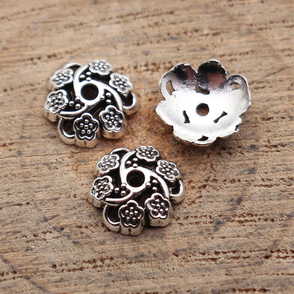8.4x8.4x2.9mm 0.25g Antique Silver Tone Zinc Alloy Round Flower Bead Caps for DIY Bracelet Jewelry Making