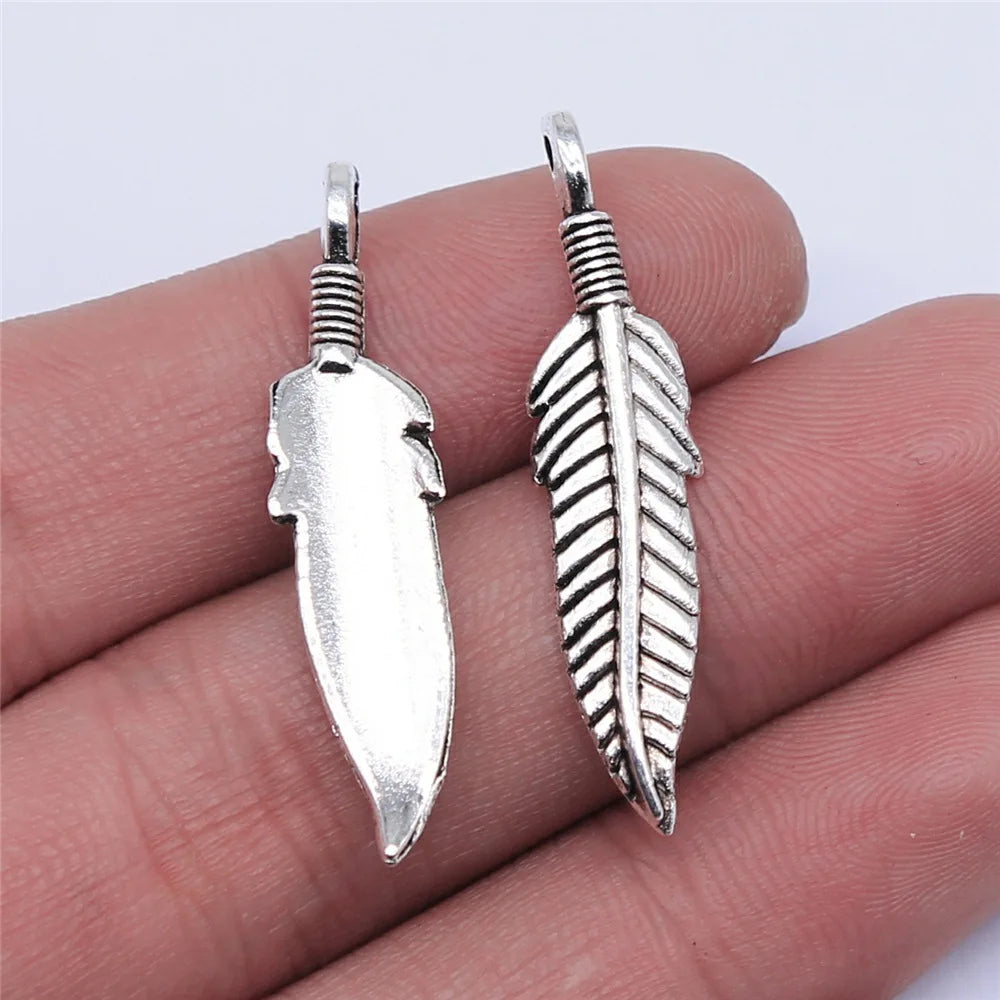 37x8mm 1.4g Antique Silver Zinc Alloy Feather Charm Pendant for DIY Earrings Necklace Bracelet Making