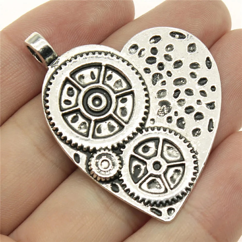48x38mm 11.4g Antique Silver Zinc Alloy Heart Gear Charm Pendant for DIY Necklace Jewelry Making