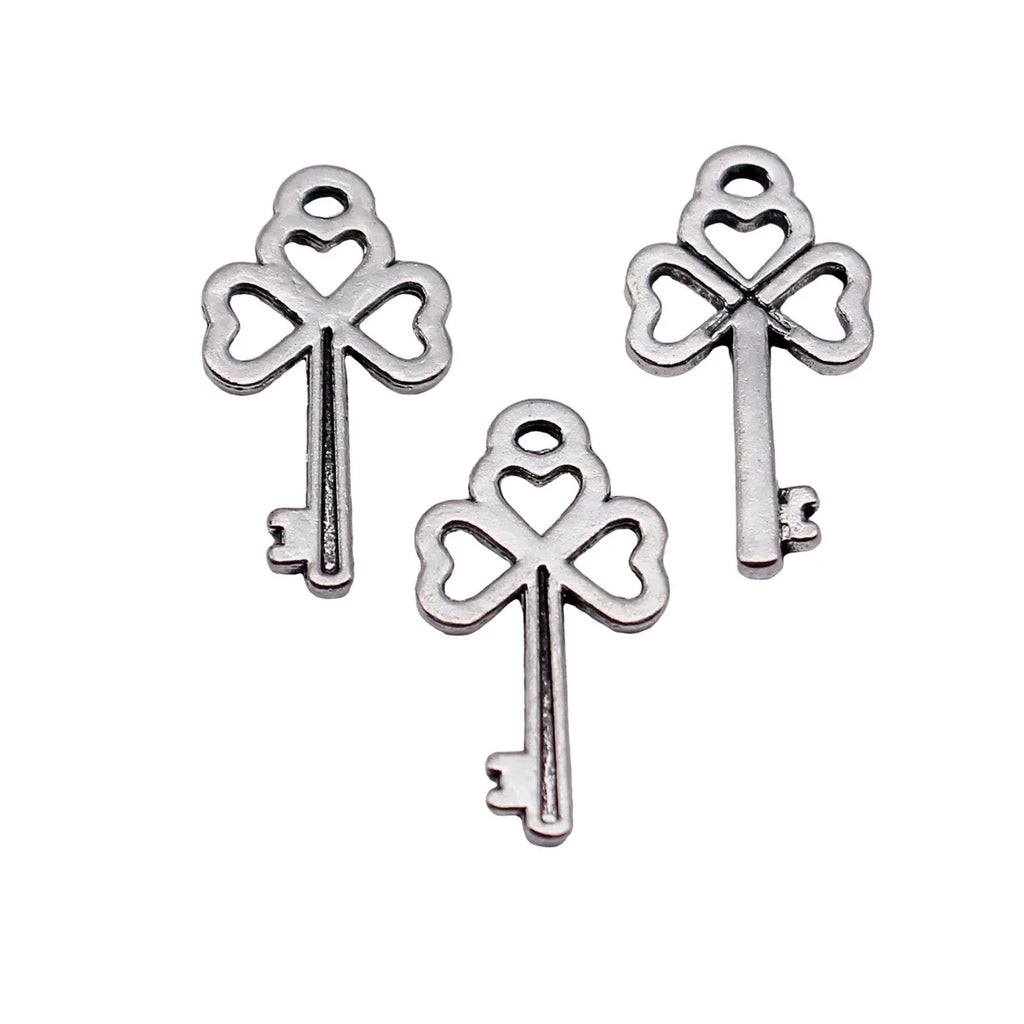 15x8.1mm 0.26g Antique Silver Zinc Alloy Heart Clover Key Charm Pendant for DIY Necklace Bracelet Making