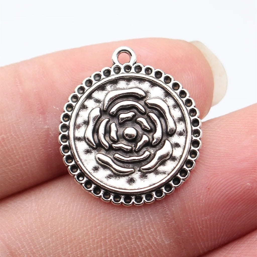 24x21mm 2.2g Antique Silver Zinc Alloy Round Rose Flower charm pendant for DIY necklace jewelry making