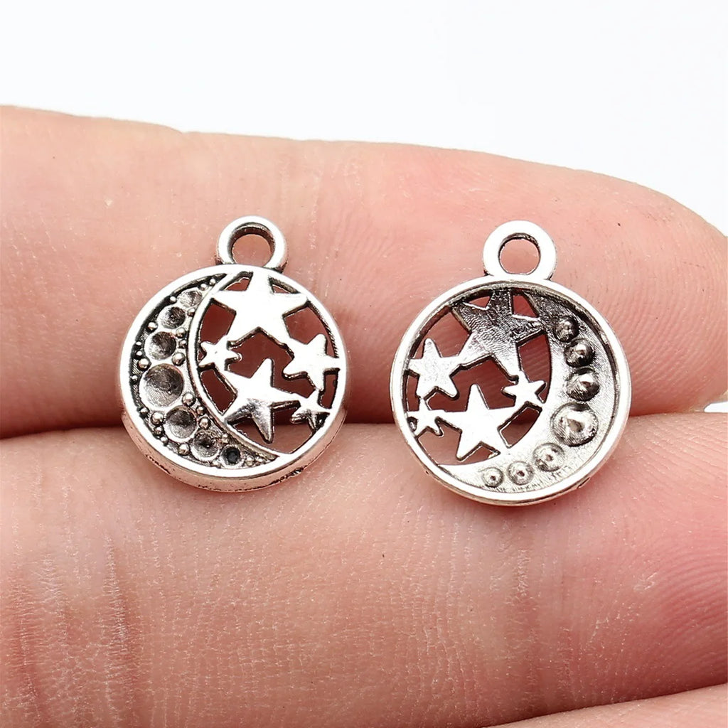 17x14mm 0.75g Antique Silver Zinc Alloy Star Moon Round Tag Charm Pendant for DIY Jewelry Making