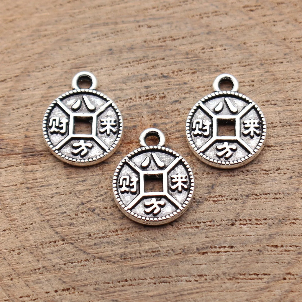 13x11mm 0.68g Antique Silver Zinc Alloy Chinese Coin Charm Pendant for DIY Necklace Bracelet Making