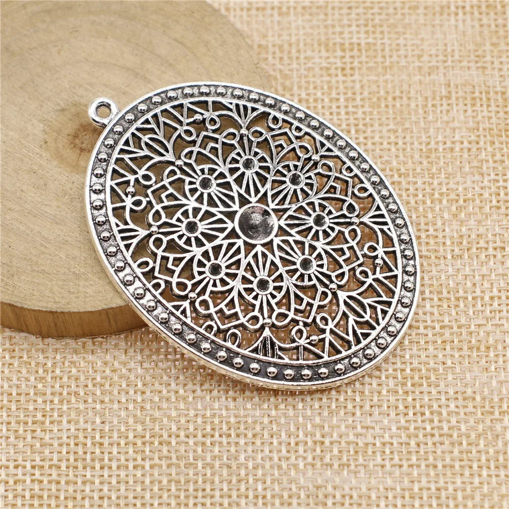 64x46mm 12g Antique Silver Zinc Alloy Carved Hollow Oval Round Charm Pendant for DIY Necklace Jewelry Making