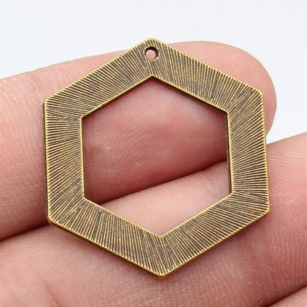 30x27mm 1.9g Antique Bronze Zinc Alloy Textured Hollow Hexagon Frame Charm Pendant for DIY Jewelry