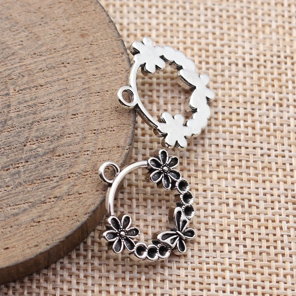 22x22mm 1.9g Antique Silver Zinc Alloy Flower Butterfly Round Ring Charm Pendant for DIY Earrings