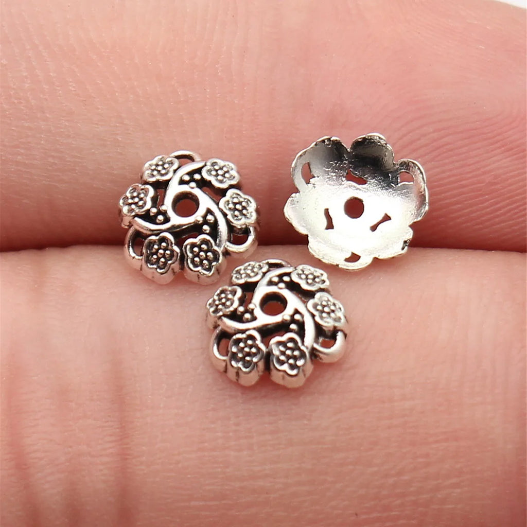 8.4x8.4x2.9mm 0.25g Antique Silver Tone Zinc Alloy Round Flower Bead Caps for DIY Bracelet Jewelry Making