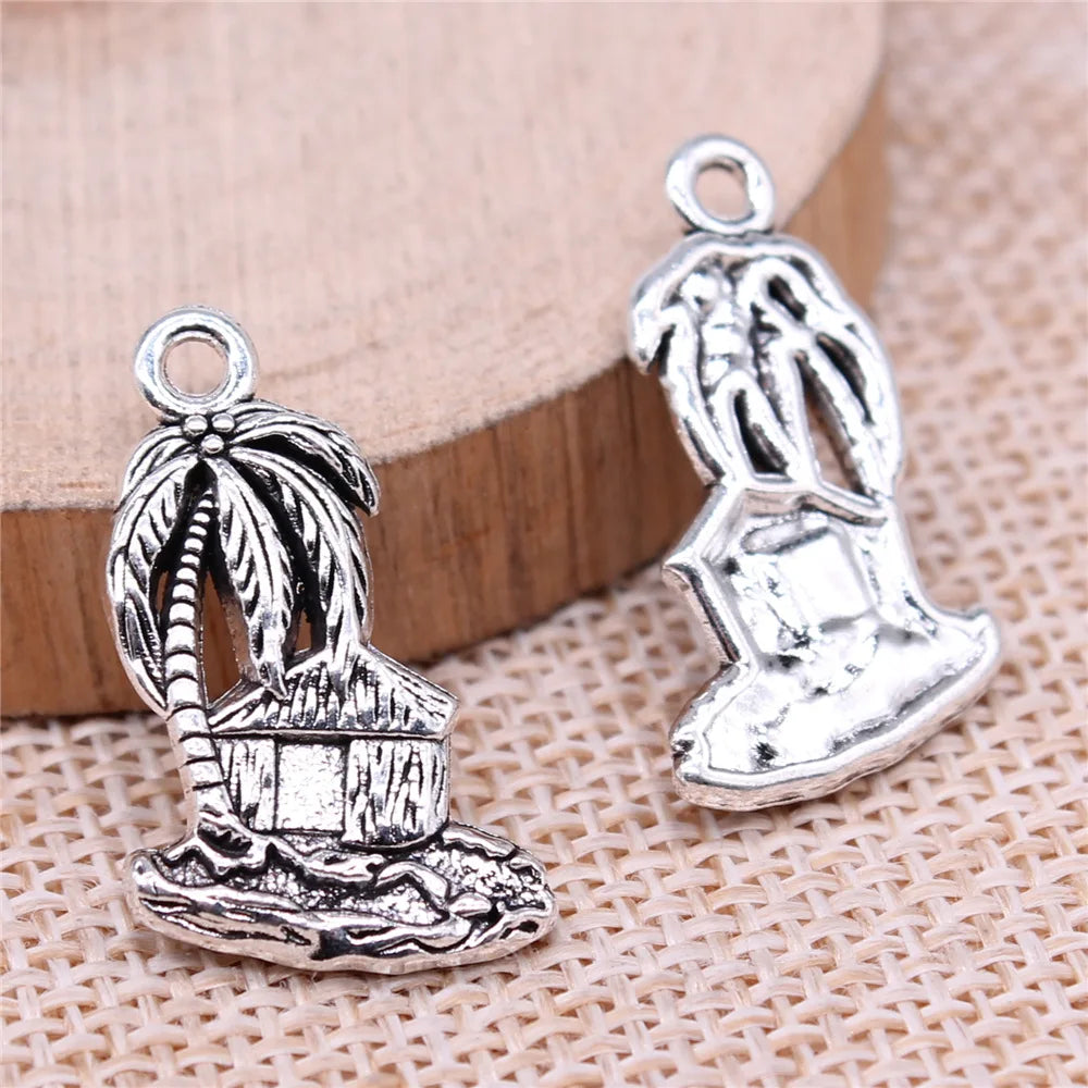 25x15mm 2.49g Antique Silver Zinc Alloy Island Hut Coconut Tree Charm Pendant for DIY Jewelry Making