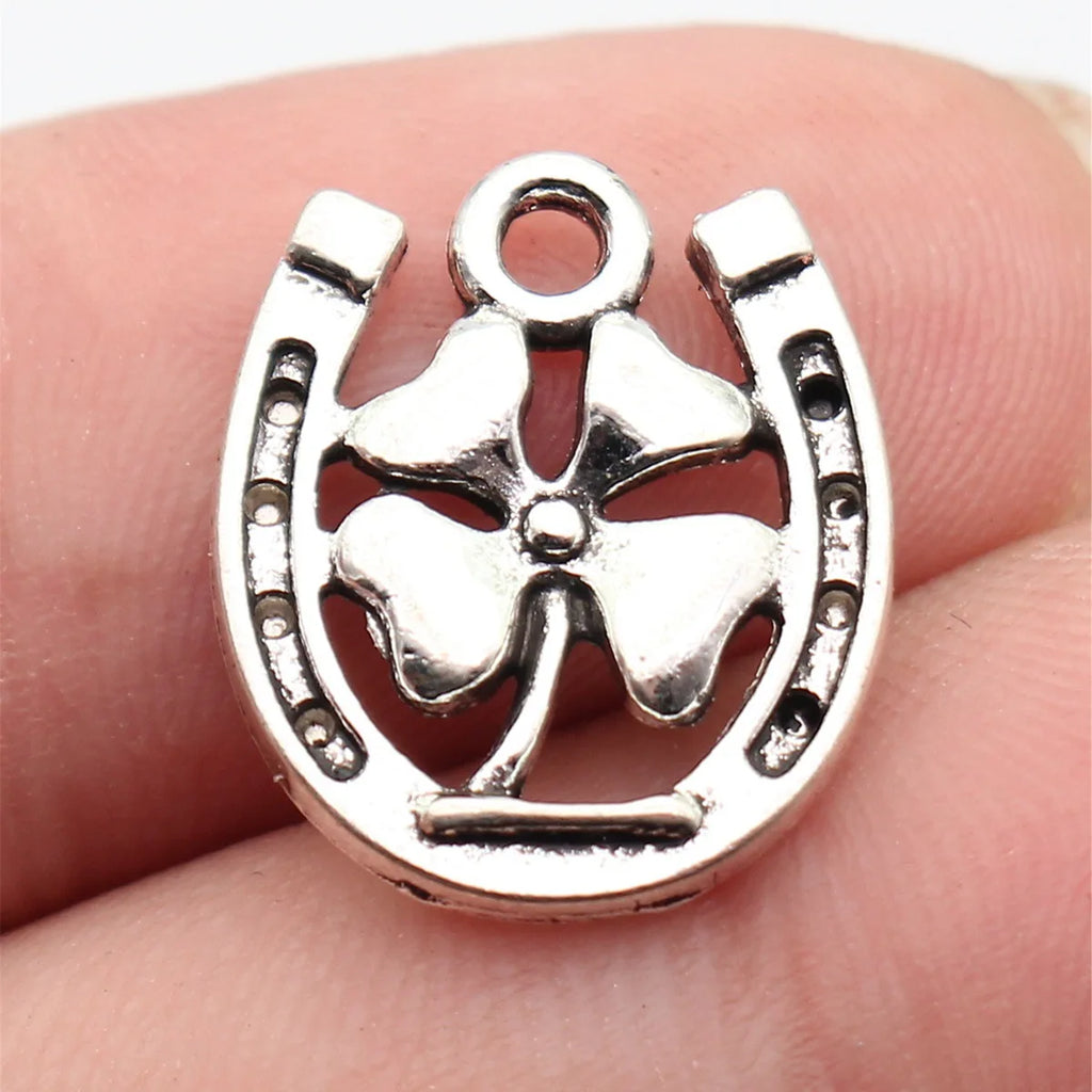 17x15mm 1.5g Antique Silver Tone Zinc Alloy Four Leaf Clover Horseshoe Charm Pendant for DIY Jewelry