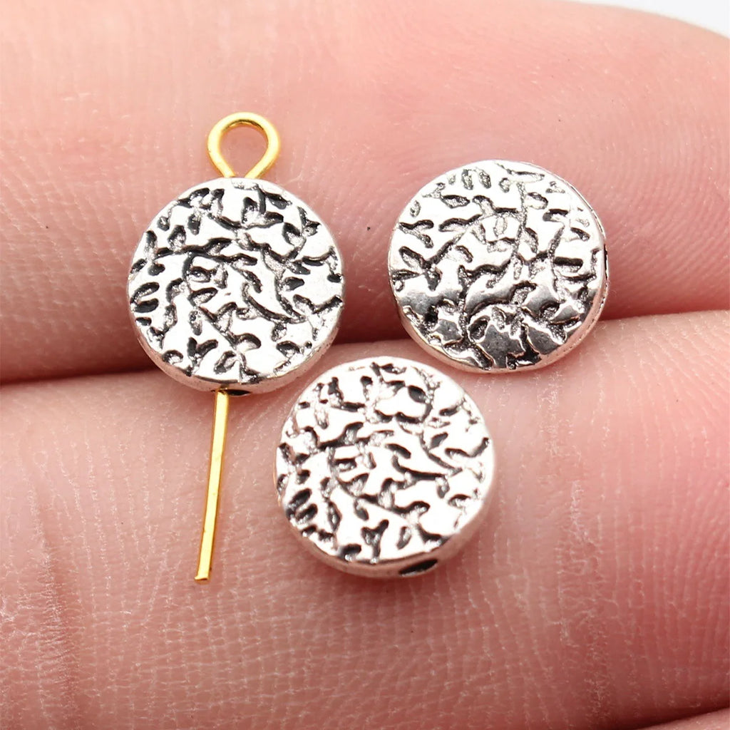 9.9x9.9x3.2mm 0.98g Antique Silver Tone Zinc Alloy Irregular Texture Round Flat Loose Metal Beads for DIY Jewelry