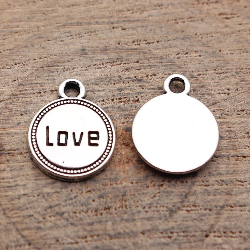 14x11mm 0.88g Silver Tone Blackened Zinc Alloy LOVE Round Tag Charm Pendant for DIY Jewelry Making