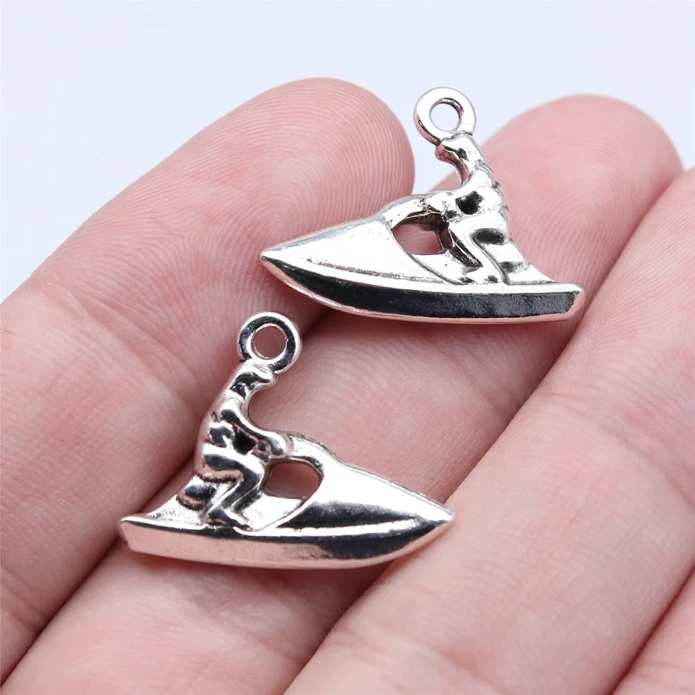 18x24mm 2.7g Antique Silver Zinc Alloy Jet Ski Charm Pendant for DIY Sport Theme Jewelry Making