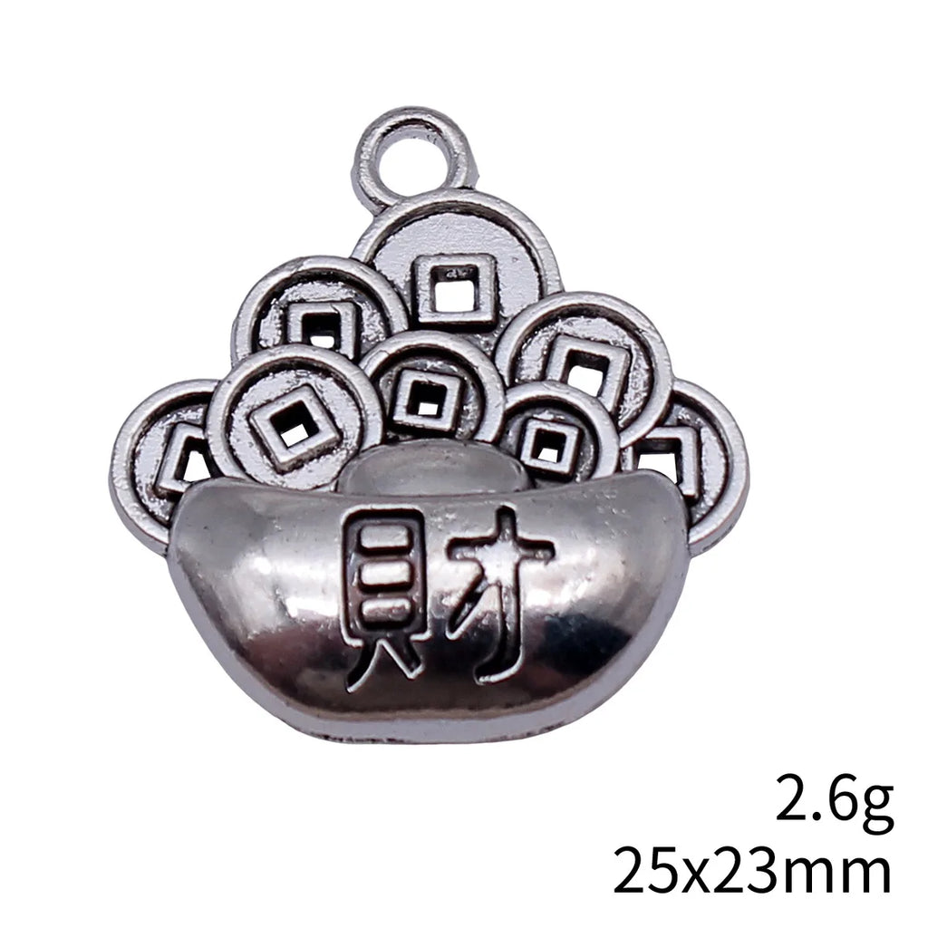 25x23mm 2.6g Antique Silver Zinc Alloy Chinese Coin Wealth Character Ingot Charm Pendant for DIY Jewelry