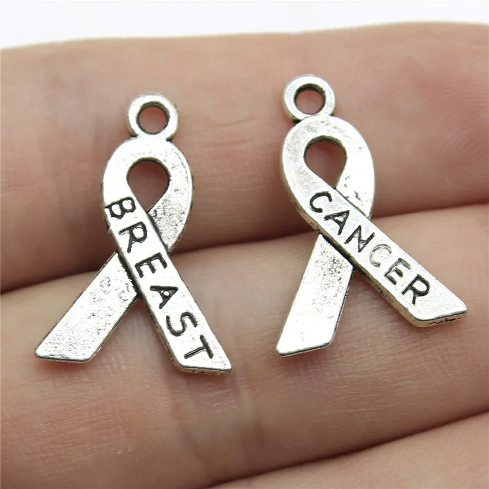 23x16mm 1.2g Antique Silver Zinc Alloy Breast Cancer Ribbon Charm Pendant for DIY Jewelry Making