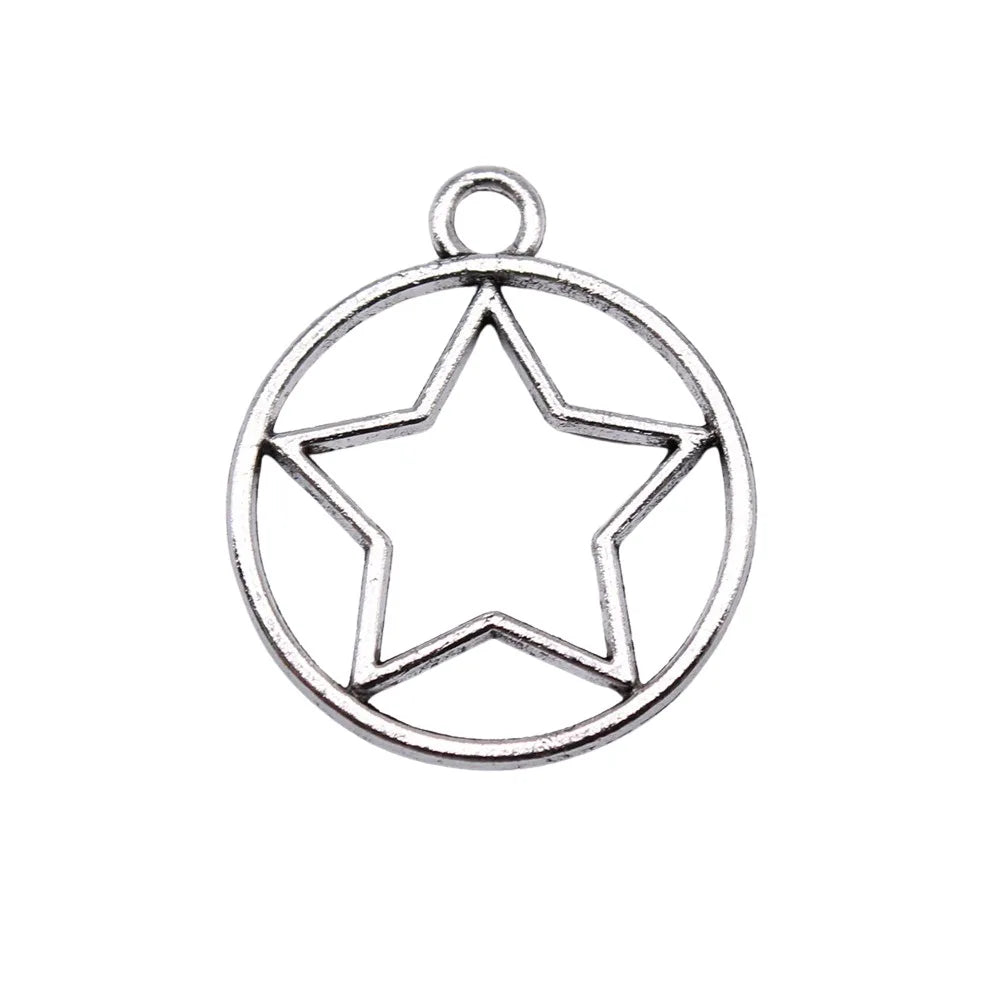 28x24mm 1.9g Antique Silver Zinc Alloy Round Five Point Star Charm Pendant for DIY Jewelry Making