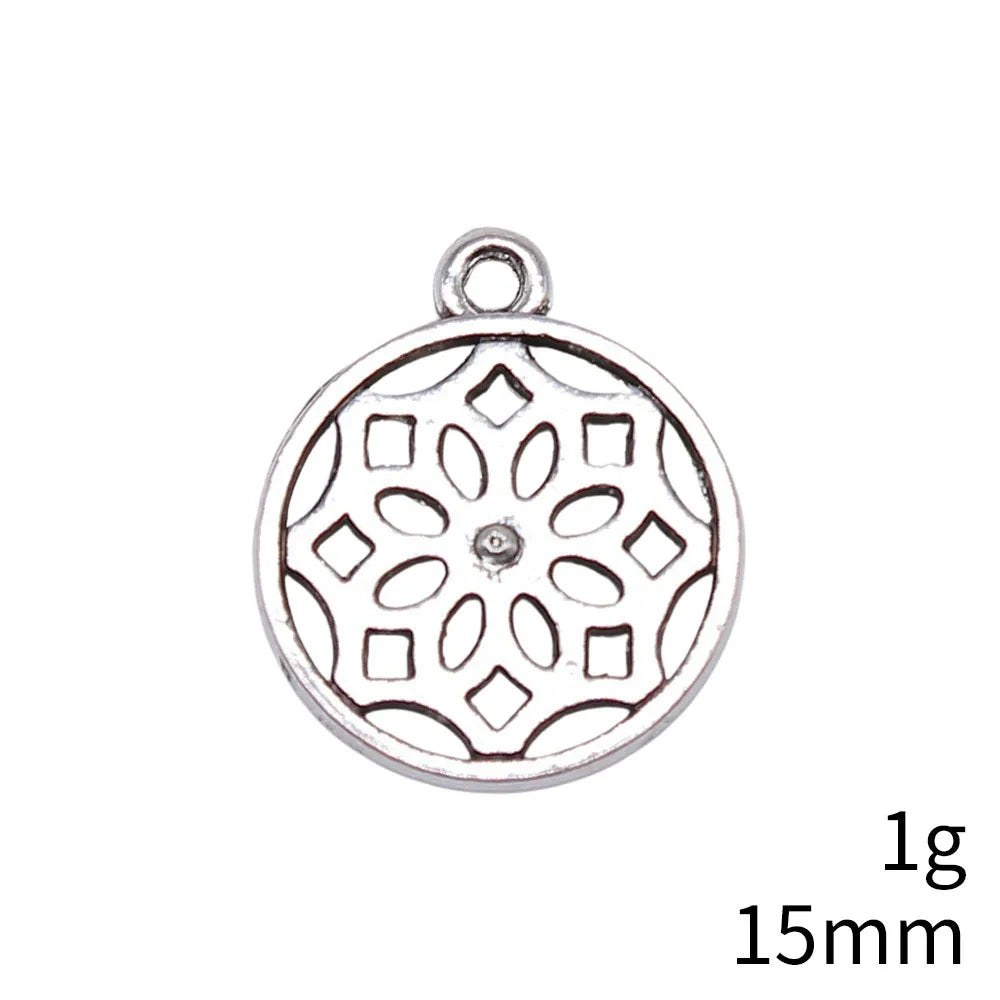 15x18mm 1g Antique Silver Zinc Alloy Round Floral Charm Pendant for DIY Necklace Bracelet Making