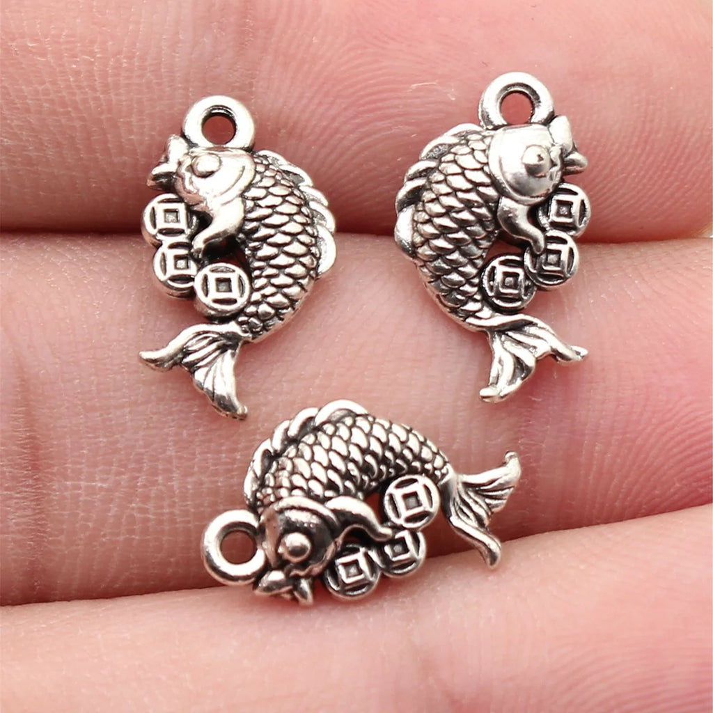 16x9.6mm 1.1g Antique Silver Zinc Alloy Chinese Coin Goldfish Charm Pendant for DIY Jewelry Making