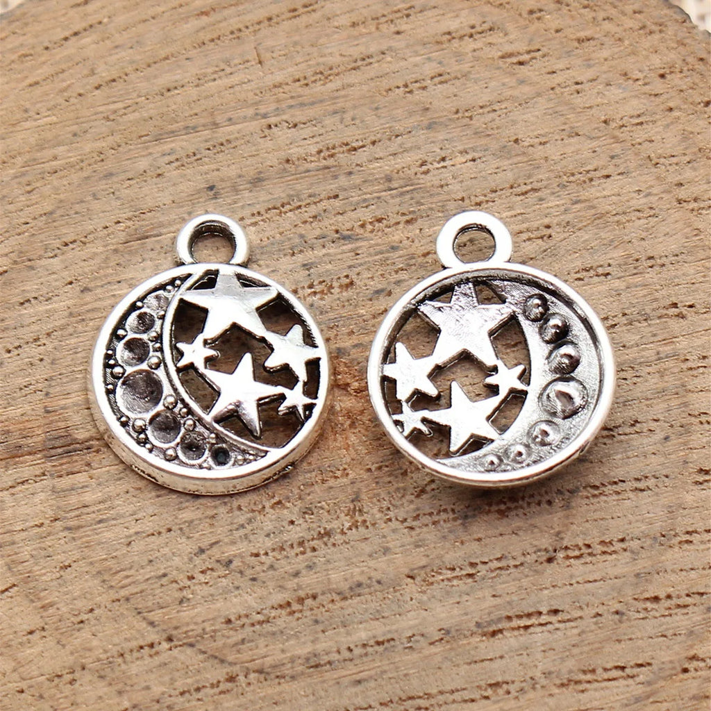 17x14mm 0.75g Antique Silver Zinc Alloy Star Moon Round Tag Charm Pendant for DIY Jewelry Making