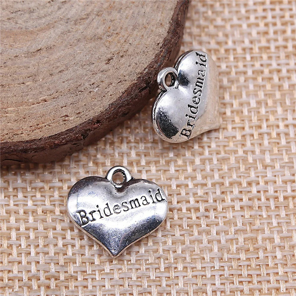 14x15mm 1.9g Antique Silver Zinc Alloy Bridesmaid Heart Double Sided Charm Pendant for Wedding Jewelry Making