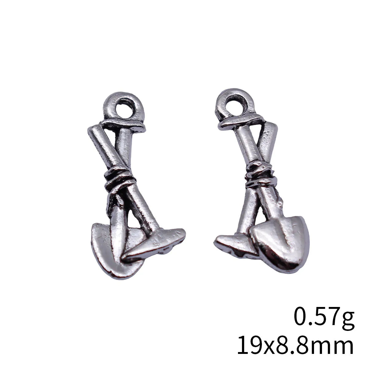 19x8.8mm 0.57g Antique Silver Zinc Alloy Tool Hoe and Shovel Charm Pendant for DIY Garden Theme Jewelry