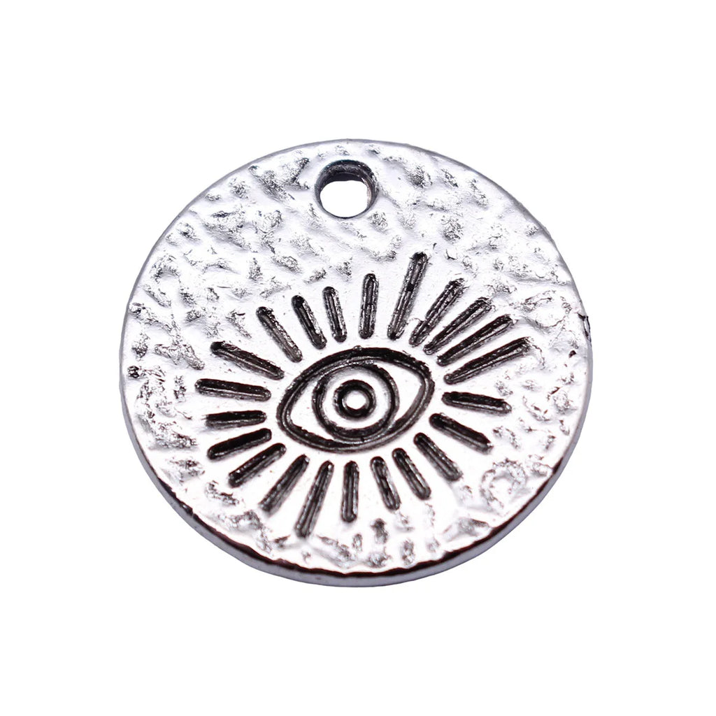 19x19mm 2.4g Antique Silver Zinc Alloy Hammered Round Eye Tag Charm Pendant for DIY Necklace Jewelry