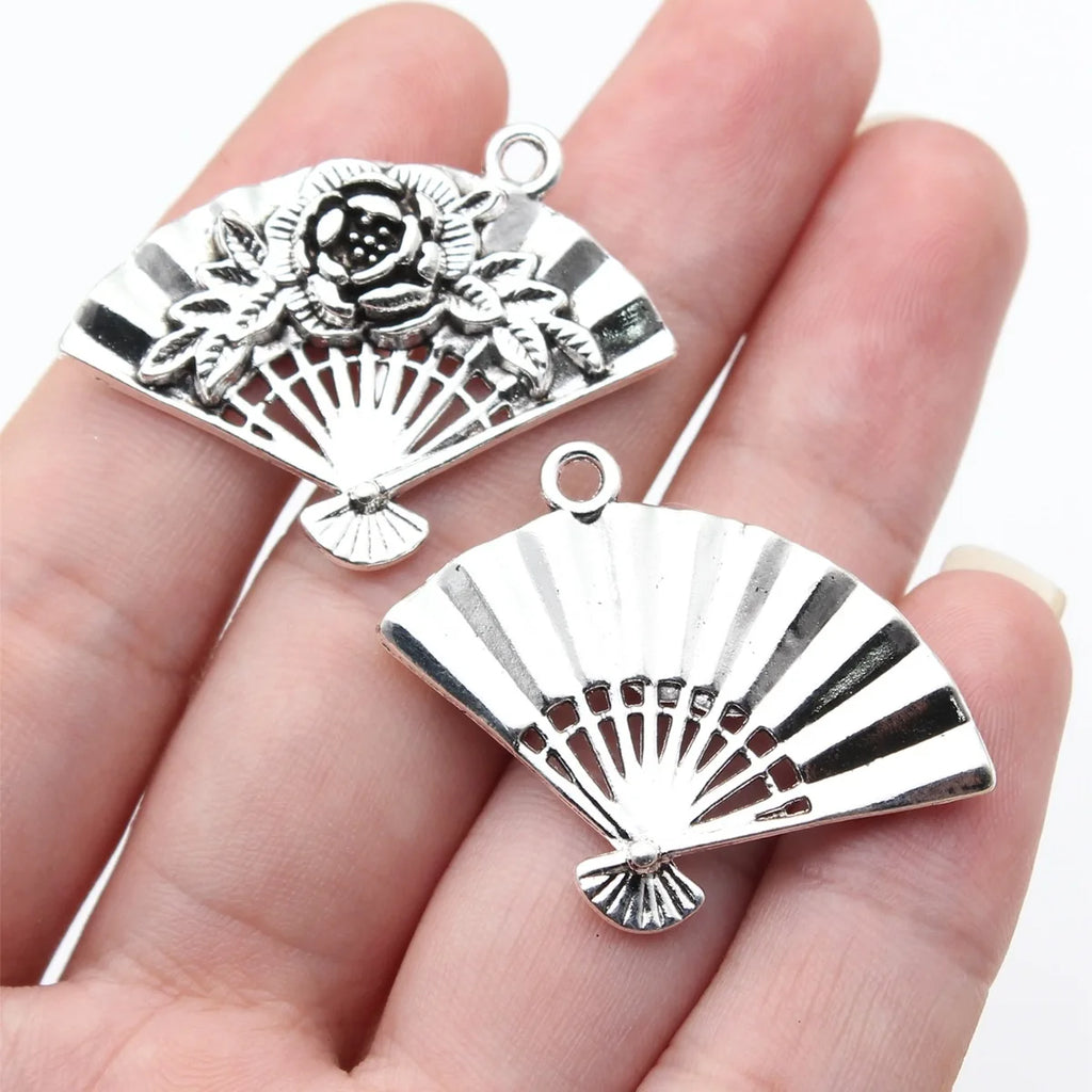 36x28mm 5.8g Antique Silver Zinc Alloy Chinese Style Flower Fan Charm Pendant for DIY Jewelry Making