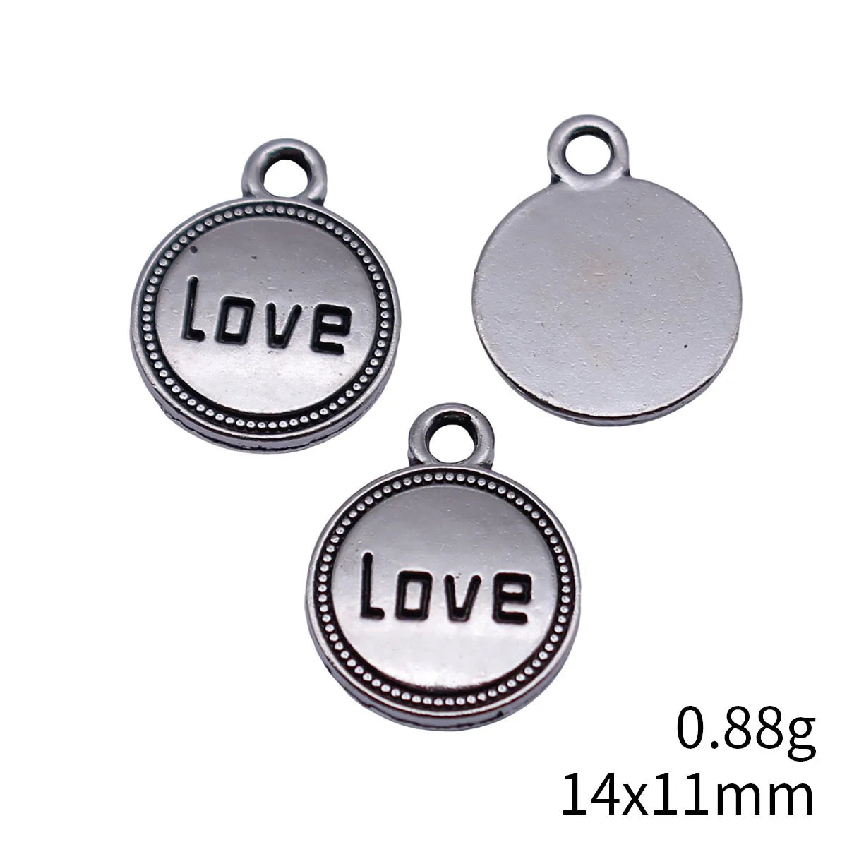 14x11mm 0.88g Silver Tone Blackened Zinc Alloy LOVE Round Tag Charm Pendant for DIY Jewelry Making