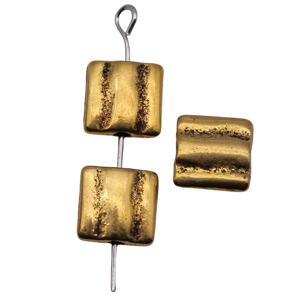 8.7x8.5x3.4mm 0.88g Antique Gold Tone Zinc Alloy Striped Square Flat Spacer Beads for DIY Bracelet Making