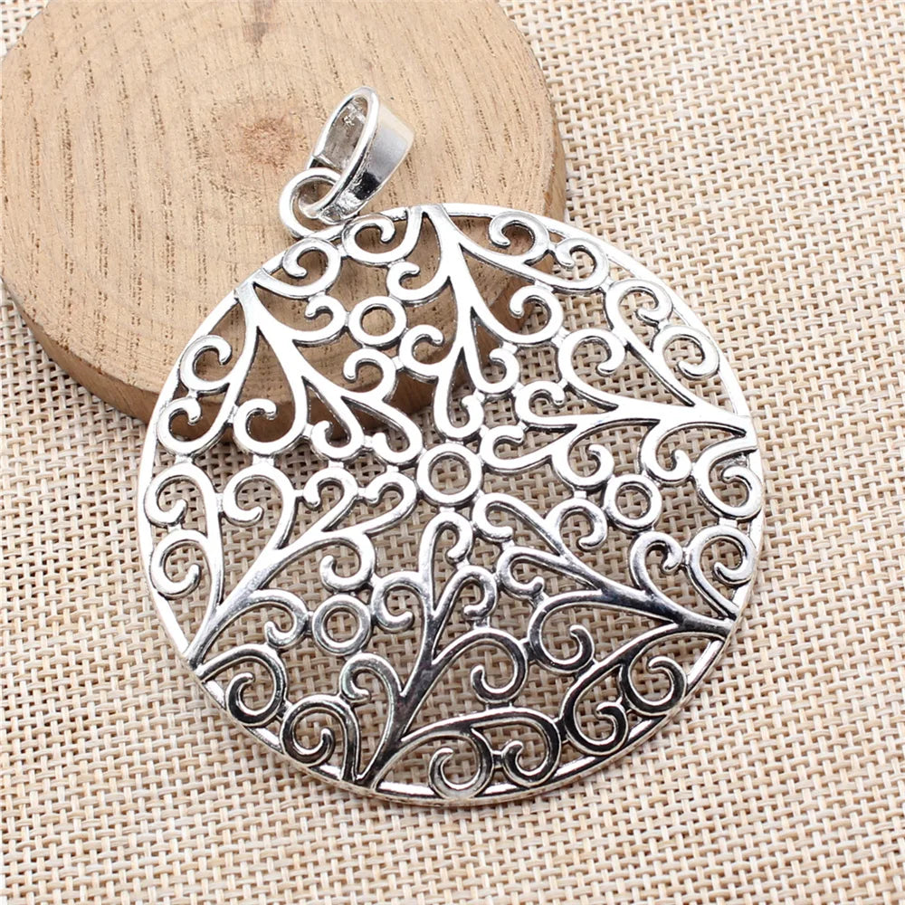73x66mm 20.5g Antique Silver Zinc Alloy Large Hollow Floral Round Charm Pendant for DIY Jewelry Making