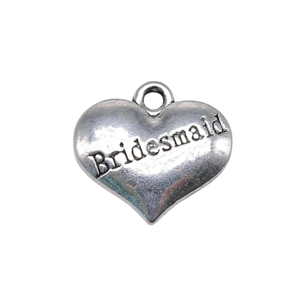14x15mm 1.9g Antique Silver Zinc Alloy Bridesmaid Heart Double Sided Charm Pendant for Wedding Jewelry Making